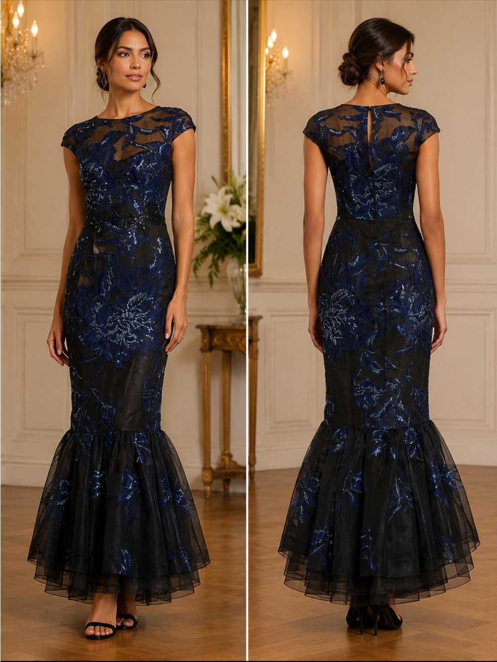 David Meister Embroidered Tulip-Hem Gown